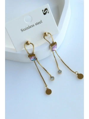 Premium Seri Opal Baget Taşlı Sallantılı Tasarım Kararmaz Renk Atmaz Kadın Çelik Küpe