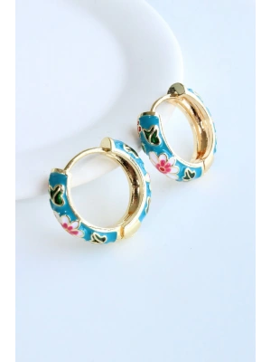 Mineli Renkli Çiçek Halka Tasarım Kararmaz Renk Atmaz Kadın Çelik Küpe