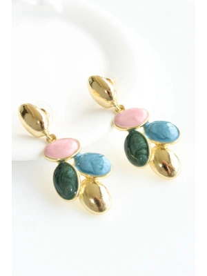 Mineli Renkli Sallantılı Çoklu Yaprak Motifli Tasarım Kararmaz Renk Atmaz Kadın Çelik Küpe