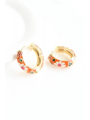 Mineli Renkli Çiçek Motifli Halka Tasarım Kararmaz Renk Atmaz Kadın Çelik Küpe