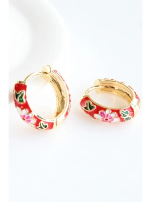 Mineli Renkli Çiçek Motifli Halka Tasarım Kararmaz Renk Atmaz Kadın Çelik Küpe