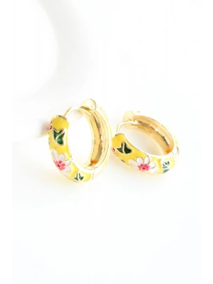 Mineli Renkli Çiçek Motifli Halka Tasarım Kararmaz Renk Atmaz Kadın Çelik Küpe