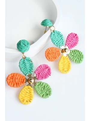 Yeni Sezon Çok Renkli Hasır Çiçek Tasarım Sallantılı Yazlık Hafif Kadın Küpe