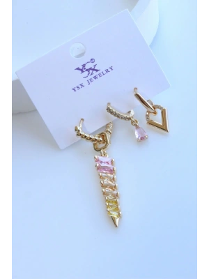 İthal Seri 3lü Kombin Çok Renkli Zirkon Taşlı Sallantılı Kadın Çelik Küpe