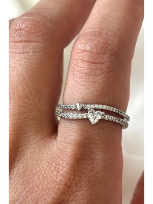 İthal Seri İkili Full Zirkon Taşlı Kalp Tasarım Yarım Tur Ayarlanabilir Kadın Çelik Yüzük