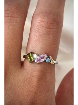 İthal Seri Zarif Karışık Renkli 5 Taşlı Tasarım Ayarlanabilir Kadın Çelik Yüzük