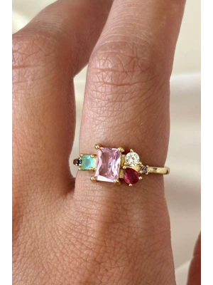 İthal Seri Zarif Karışık Renkli Pembe Baget Taşlı Tasarım Ayarlanabilir Kadın Çelik Yüzük