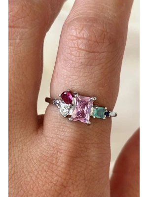 İthal Seri Zarif Karışık Renkli Pembe Baget Taşlı Tasarım Ayarlanabilir Kadın Çelik Yüzük
