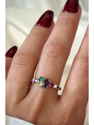 İthal Seri Zarif Karışık Renkli Oval Taşlı Tasarım Ayarlanabilir Kadın Çelik Yüzük