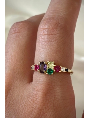 İthal Seri Zarif Karışık Renkli Oval Taşlı Tasarım Ayarlanabilir Kadın Çelik Yüzük