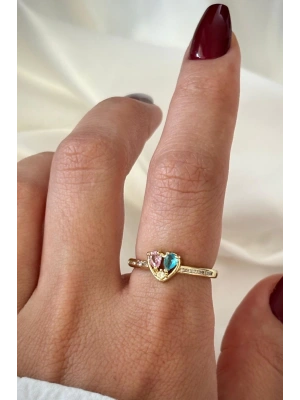 İthal Seri Renkli Zirkon Taşlı Zarif Kalp Tasarım Ayarlanabilir Kadın Çelik Yüzük