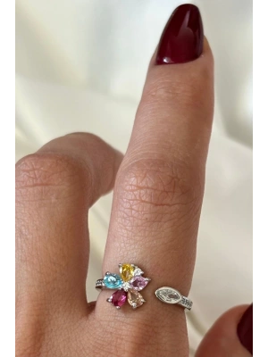 İthal Seri Renkli Zirkon Taşlı Zarif Lotus Çiçeği Tasarım Ayarlanabilir Kadın Çelik Yüzük