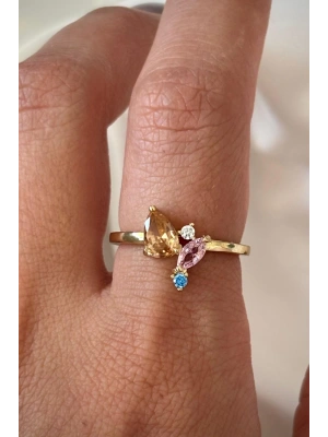 İthal Seri Renkli Zirkon Taşlı Zarif Damla Taş Tasarım Ayarlanabilir Kadın Çelik Yüzük