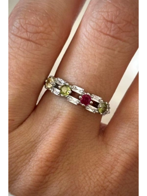 İthal Seri Çift Sıra Renkli Zirkon Taşlı Zarif Tasarım Ayarlanabilir Kadın Çelik Yüzük