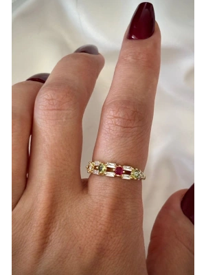 İthal Seri Çift Sıra Renkli Zirkon Taşlı Zarif Tasarım Ayarlanabilir Kadın Çelik Yüzük