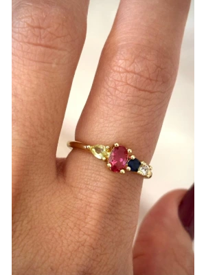 İthal Seri Renkli Zirkon Taşlı Zarif Oval 4 Taşlı Tasarım Ayarlanabilir Kadın Çelik Yüzük