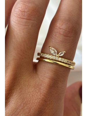 İthal Seri Zarif Zirkon Taşlı İkili Yaprak Tasarım Ayarlanabilir Kadın Çelik Yüzük