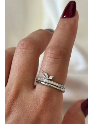 İthal Seri Zarif Zirkon Taşlı İkili Yaprak Tasarım Ayarlanabilir Kadın Çelik Yüzük