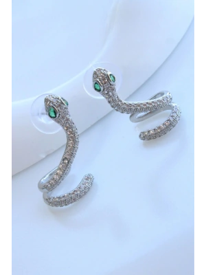 Zümrüt Zirkon Taşlı Yılan Tasarım Kadın Sallantılı Çelik Küpe