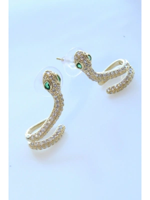 Zümrüt Zirkon Taşlı Yılan Tasarım Kadın Sallantılı Çelik Küpe