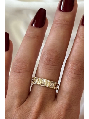 İthal Seri Zarif Baget Zirkon Taşlı Çift Sıra Görünüm Ayarlanabilir Kadın Çelik Yüzük