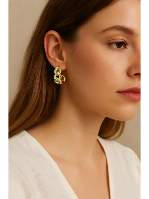 Zincir Model Renkli Mineli Halka Tasarım Kadın Çelik Küpe