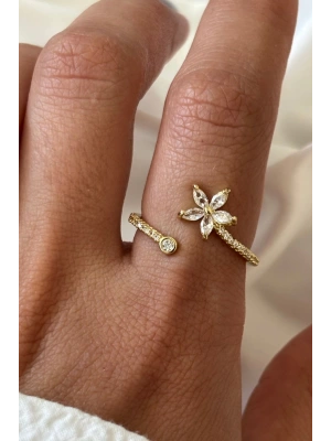 İthal Seri Zarif Zirkon Taşlı Sarmal Lotus Çiçeği Tasarım Ayarlanabilir Kadın Çelik Yüzük