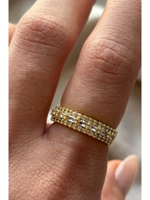 Regalia Üç Sıra Ortası Baget Taş Dizilimi Yuvarlak Taş Yarım Tur Gold Renk Ayarlanabilir Kadın Yüzük