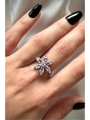 Premium İthal Seri Rodyum Kaplama Zirkon Taşlı Lotus Çiçeği Ayarlanabilir Tasarım Kadın Çelik Yüzük