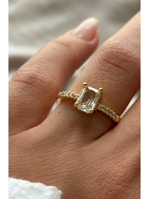 Lustre Klasik Baget Kesim Taşlı Sıra Bant Tek Taş Ayarlanabilir Kadın Yüzük