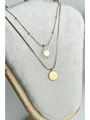 Premium Seri Kuzey Yıldızı Güneş Figürlü İtalyan Toplu Zincir Detaylı 45 Cm Kadın Çelik Kolye