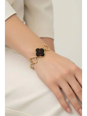 Premıum Seri Marka Model Büyük Leoparlı Yonca Tasarım Kadın Çelik Bileklik