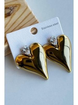 Premıum Seri Amora Shıne Bombeli Kalp Tasarım Damla Zirkon Taş Detaylı Kadın Çelik Küpe