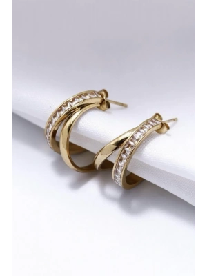 Premıum Seri Dual Grace Tasarım İkili Görünüm Baget Zirkon Taş Detaylı Kadın Çelik Küpe