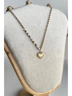 Exclusive Seri Kalp Uçlu İncili Kare Toplu Zincirli Model Kadın Çelik Kolye