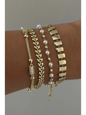 Özel Seri 14K İncili Dorika Toplu Kadın Çelik Bileklik