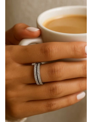 Özel Seri İkili İnce Yarım Tur Zirkon Taşlı Tasarım Model Kadın Çelik Yüzük