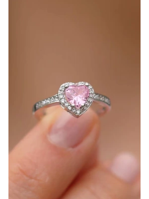 Pembe Zirkon Taşlı Kalp Tasarım Ayarlanabilir Kadın Yüzük