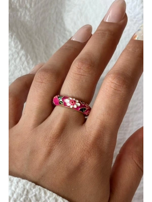 Premium Seri Çok Renkli Çiçek Desen Mineli Ayarlanabilir Kadın Çelik Yüzük