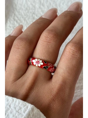 Premium Seri Çok Renkli Çiçek Desen Mineli Ayarlanabilir Kadın Çelik Yüzük