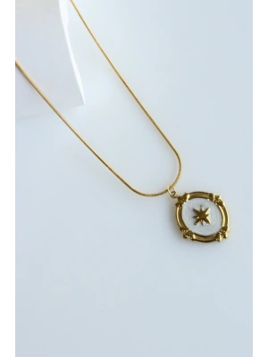 Premium Seri Plaka Sedefli Kutup Yıldızı Model 316 L Paslanmaz Kararmaz Kadın Çelik Kolye