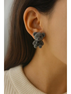 Ünlü Model Peluş Ayıcık Gümüş İğneli Kadın Bijuteri Küpe