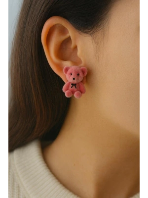 Ünlü Model Peluş Ayıcık Gümüş İğneli Kadın Bijuteri Küpe