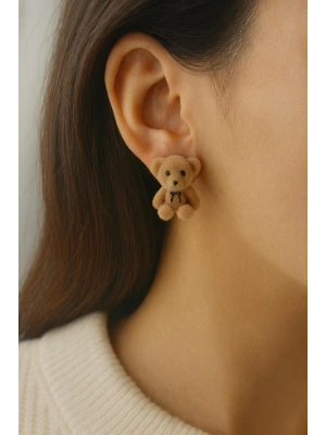 Ünlü Model Peluş Ayıcık Gümüş İğneli Kadın Bijuteri Küpe