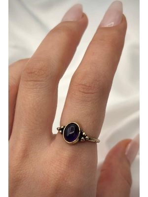 Vintage Seri Ayarlanabilir Paslanmaz Kararmaz 3 Nokta Kollu Tasarım Ametist Doğal Taş Bronz Yüzük