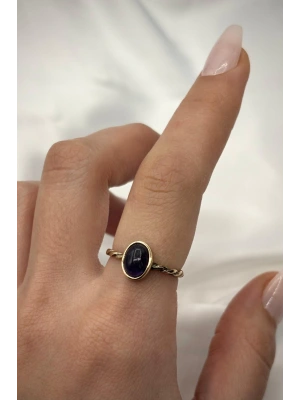 Vintage Seri Ayarlanabilir Paslanmaz Kararmaz Burgu Kol Elips Tasarım Ametist Doğal Taş Bronz Yüzük