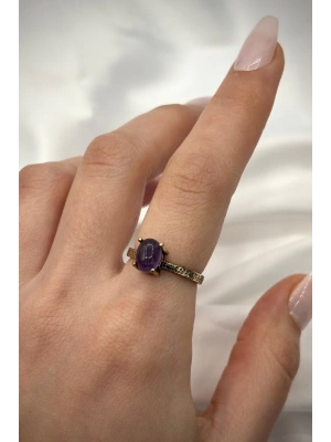 Vintage Seri Ayarlanabilir Paslanmaz Kararmaz Yüksek Oval Tasarım Ametist Doğal Taş Bronz Yüzük