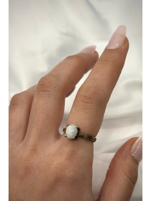 Vintage Seri Ayarlanabilir Paslanmaz Kararmaz Yüksek Oval Tasarım Ay Taşı Doğal Taş Bronz Yüzük