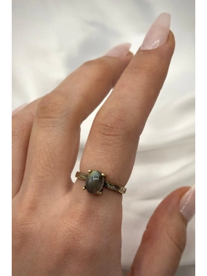 Vintage Seri Ayarlanabilir Paslanmaz Kararmaz Yüksek Oval Tasarım Labradorit Doğal Taş Bronz Yüzük