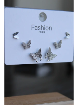 Yeni Sezon 6lı Kelebek Tasarım Zirkon Taşlı Gümüş İğneli Çelik Küpe